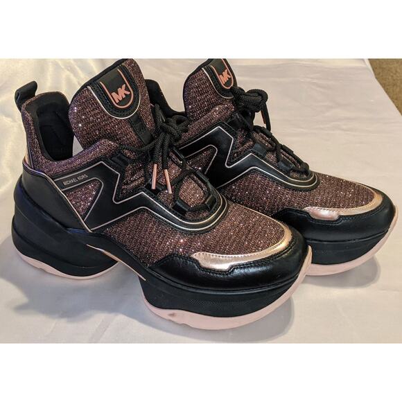 MICHAEL Michael Kors Olympia Glitter Chain-Mesh and Leather Trainers Size 10M - Picture 2 of 9